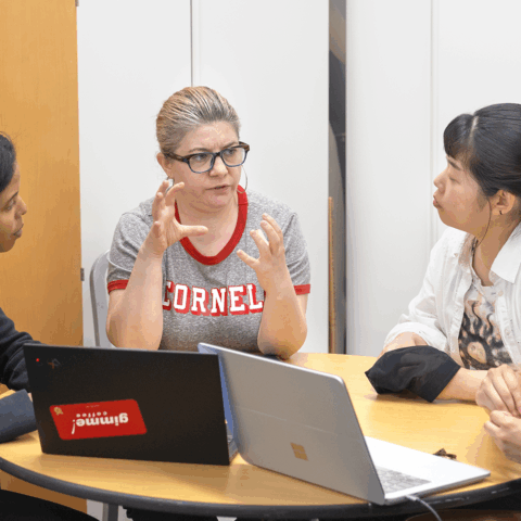 four people brainstorm ideas around a table with two laptops