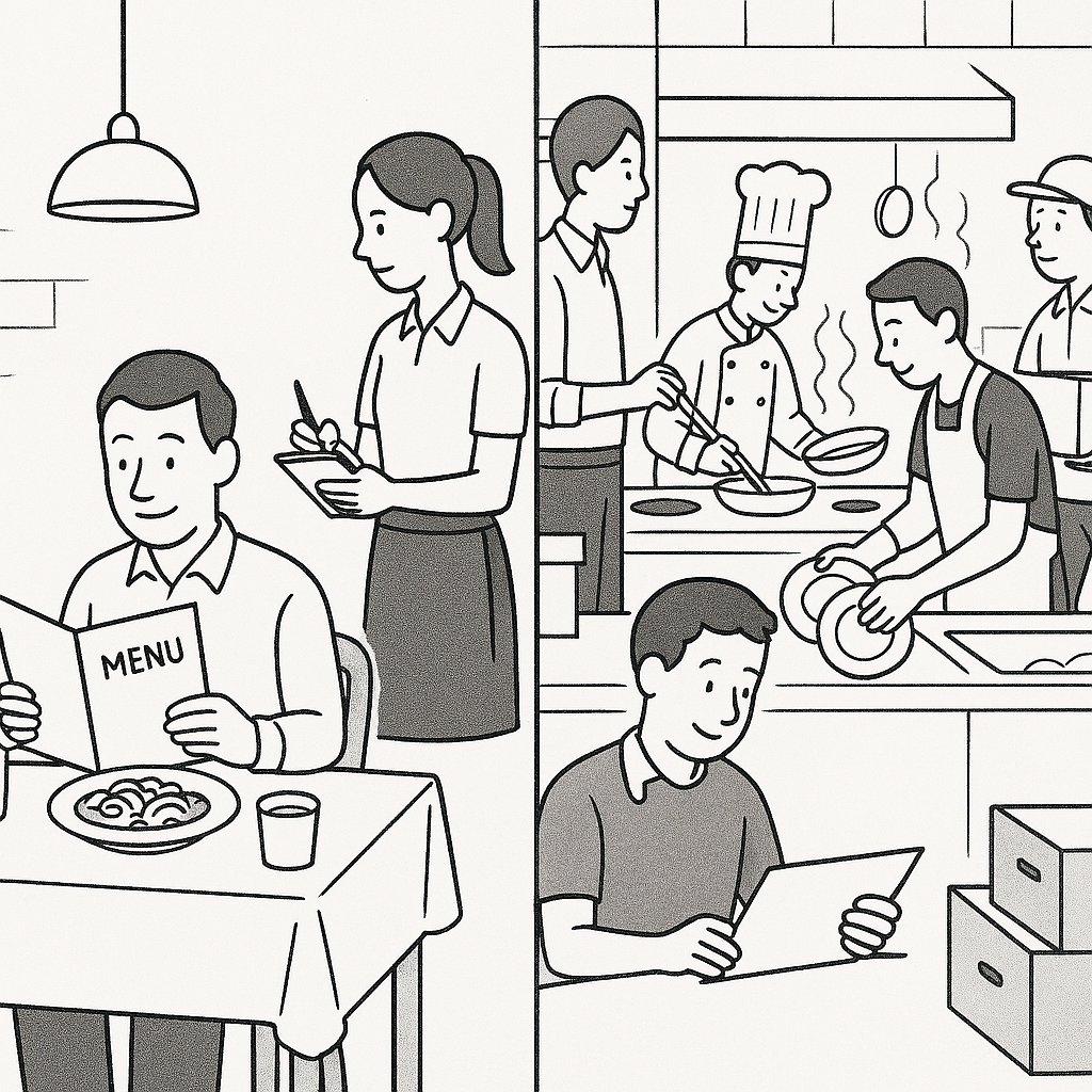 a restaurant scene showing a diner, waitstaff and the busy kitchen behind the dining room
