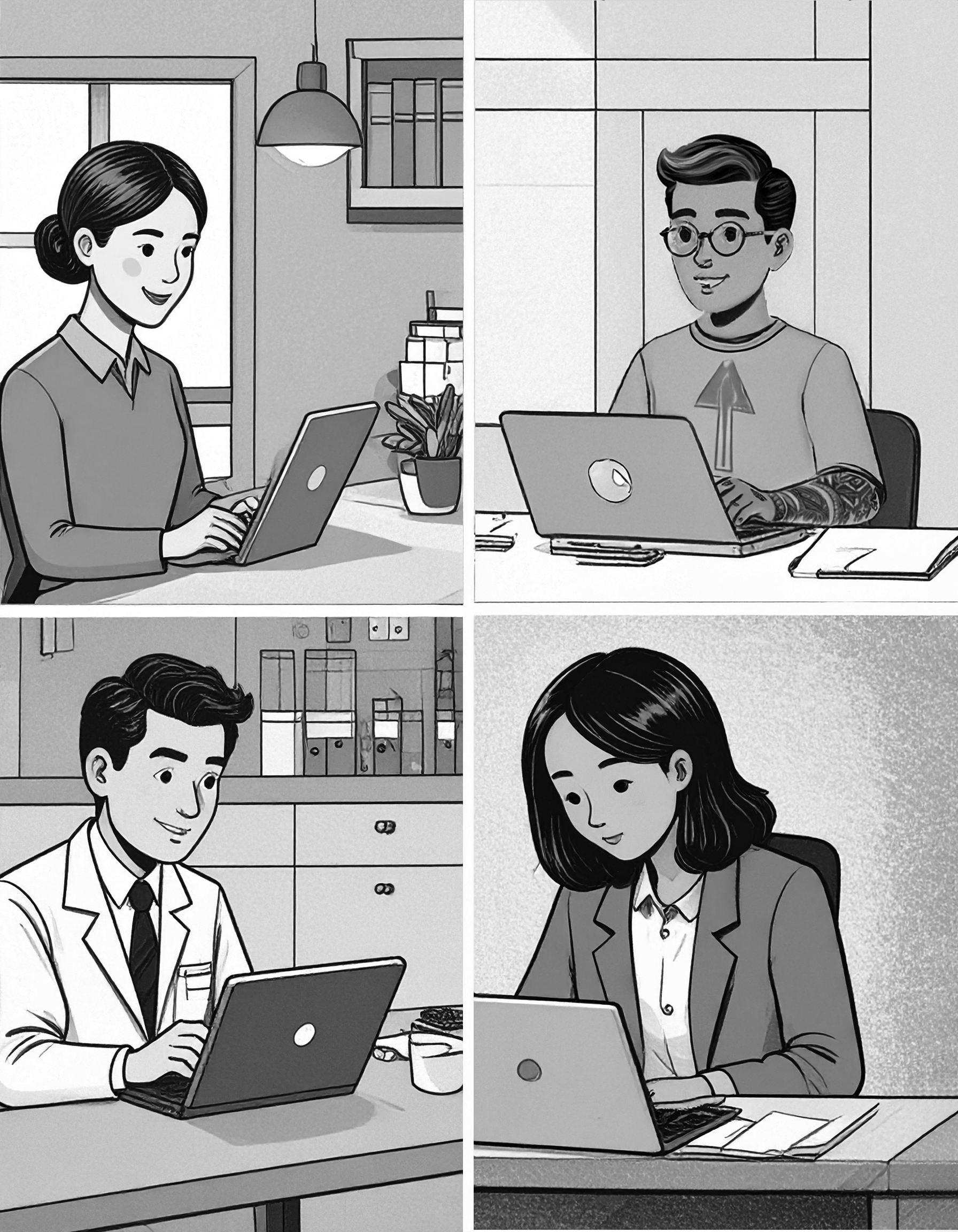 a cartoon-style image shows four different people working on various styles of laptops or tablets.