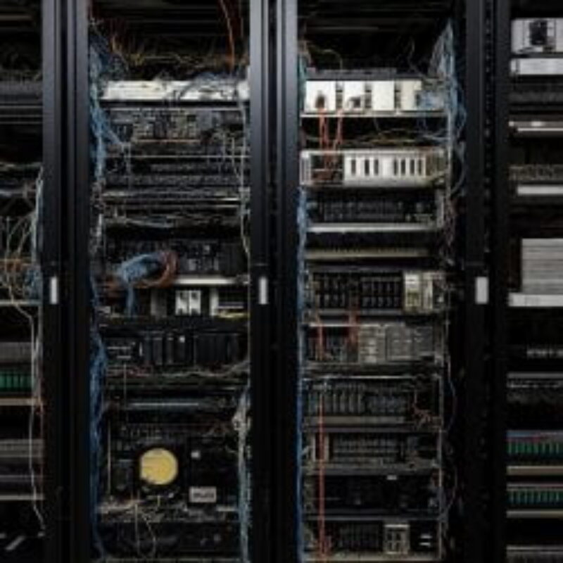 Old servers with untidy wires.