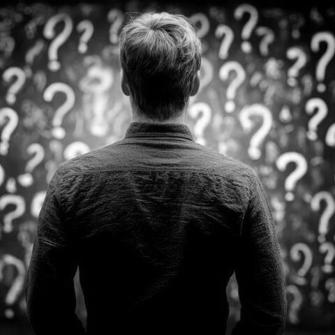 A man facing a chalkboard filled with question marks