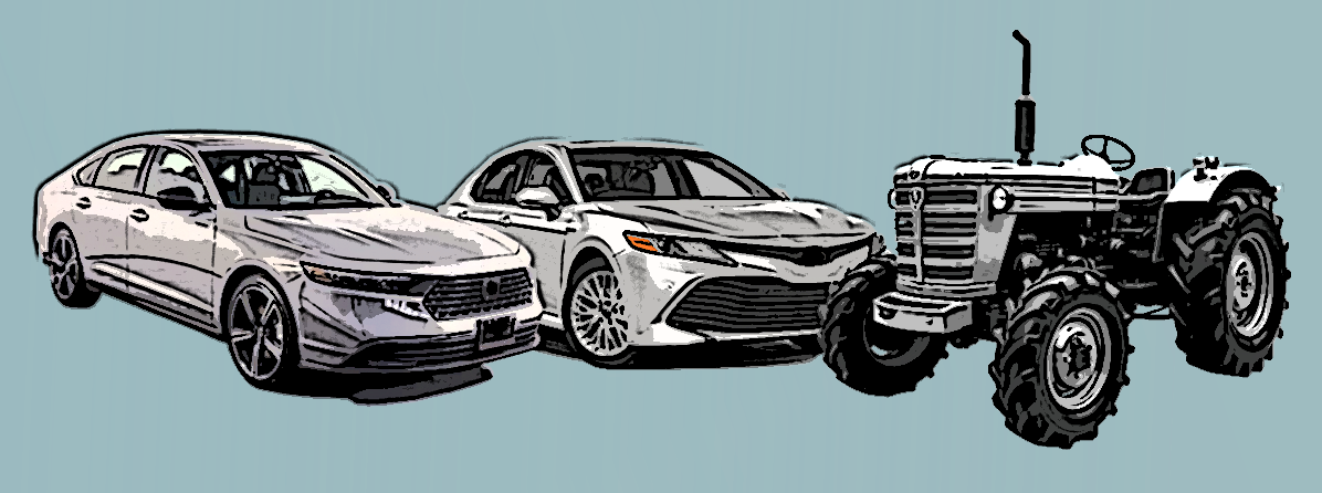 collage of two very similar sedans and a tractor