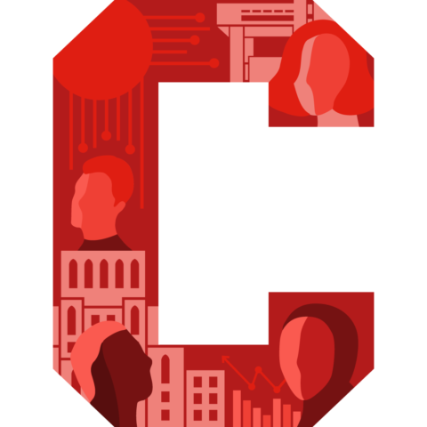 the Cornell "C" in shades of red with various architectural and human features representing all locations